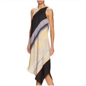 Asymmetrical Hem Abstract Print Midi Length Dress